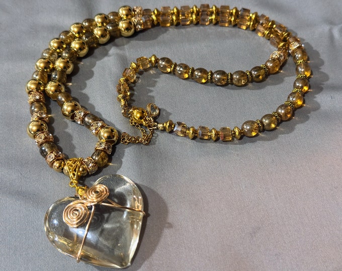 Monochromatic necklace-Statement piece-gold beaded necklace-Beaded pendant necklace-glass heart pendant necklace-gold necklace-Gift for her