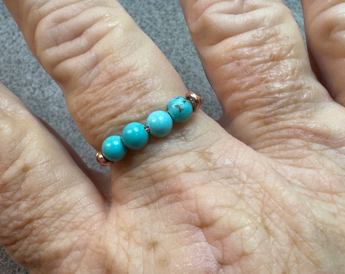 Gifts under 20 dollars-Gemstone ring-Wire wrapped jewelry-Copper wire ring-beaded ring-turquoise beads-bar line-size 9 1/2”