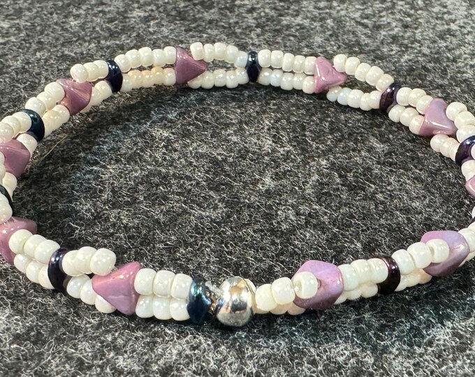 Elastic stretch bracelet-double strand of beads- beads in white and purple seed beads-size 7 /2”