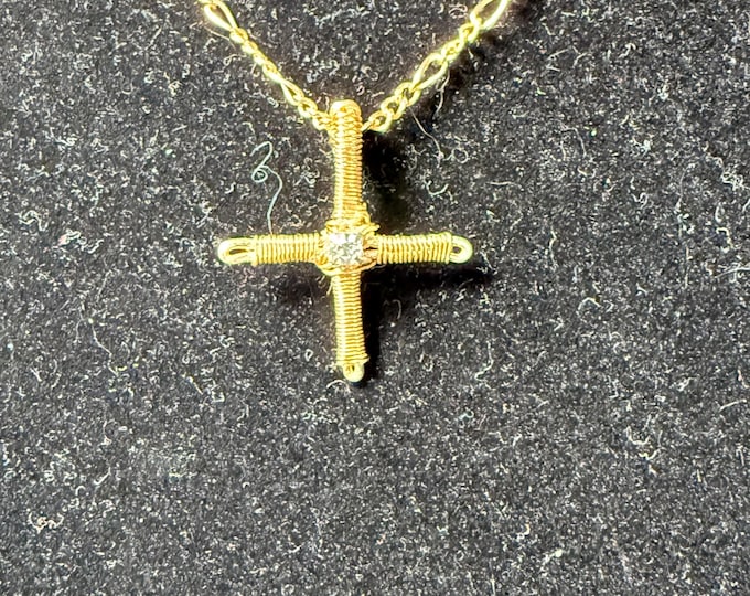 Gift for Lola-Cross pendant-Gold chain necklace-rhinestone center-lobster claw closure-Handmade necklace-measures 16”.