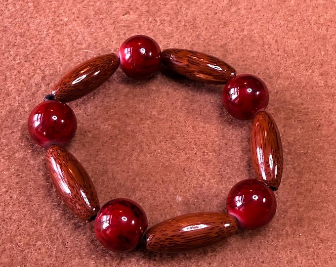 Brown and red wooden beaded bracelet-chunky beaded Stretch Elastic bracelet-beaded bracelet -size 7