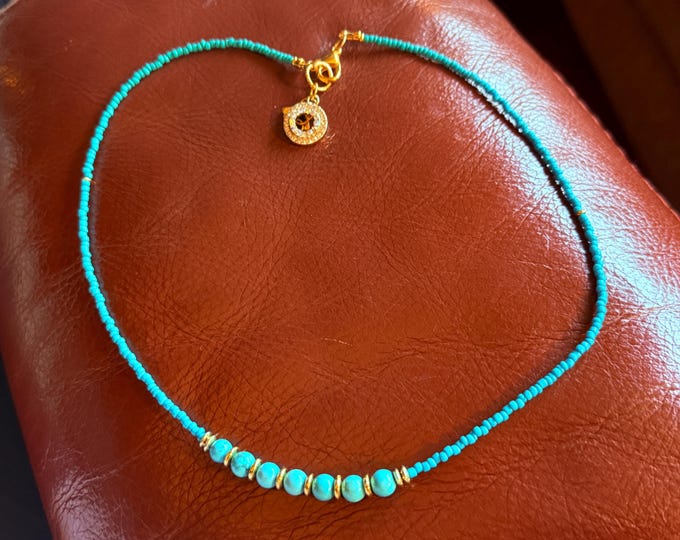 Minimalist necklace-layered turquoise seed beaded necklace-turquoise beaded necklace- gold lobster claw closure-gold charms-18”