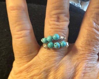 Gifts under 20 dollars- Minimalist handmade adjustable 16 gauge silver wire, size 81/2” ring-silver wrapped wire-6-4mm blue turquoise beads.