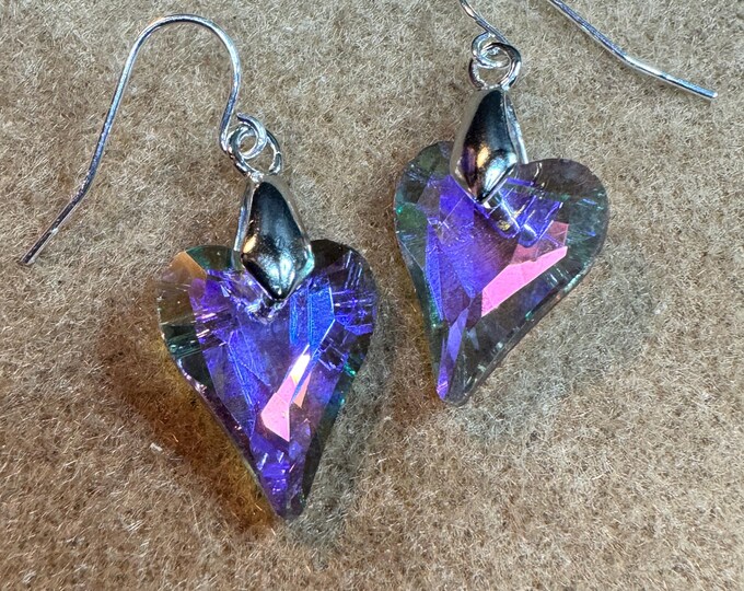 AB finished glass heart earrings-purple colored earrings-silver ear wire heart earrings-heart earrings