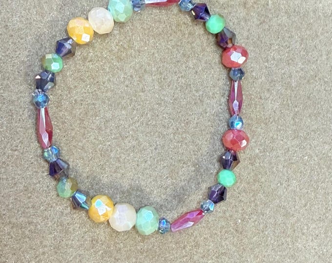 Crystal round and cylinder beaded bracelet-red, green, creme, yellow, and purple beads-slide on bracelet-elastic stretch bracelet-7 1/2”