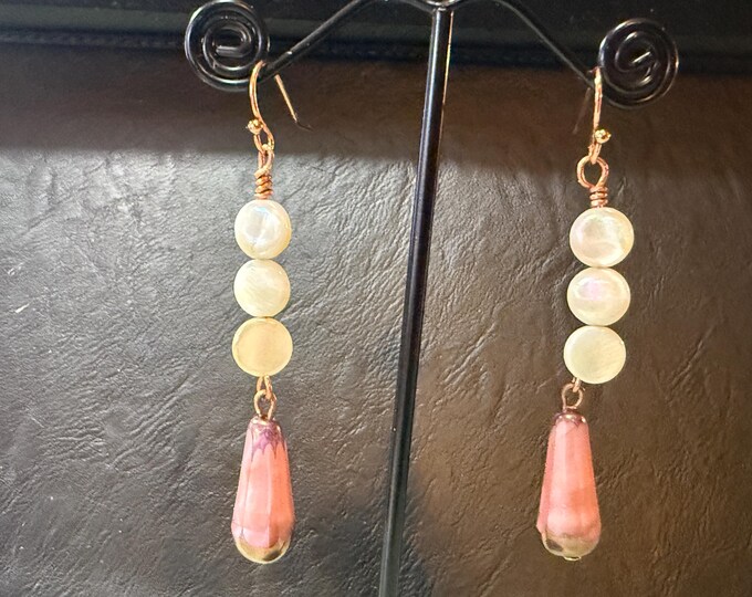 White Mother of pearl earrings-four round beads-brass French hook- beaded earrings-brass-pink cone shaped dangle bead-2”