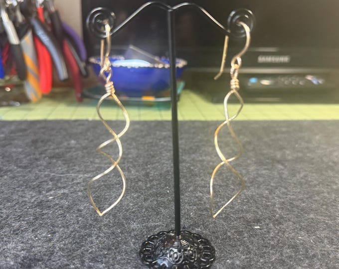 Gift for Bekki-Handmade 3 1/4” twirled gold swirl wire earrings with French hook ear wires.