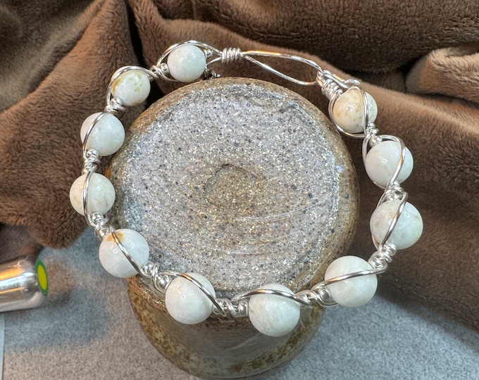 Braided bracelet-Fidget bracelet-Woven silver wire bracelet-wrapped wire bracelet-8mm white stone beaded bracelet-8” size-hook closure