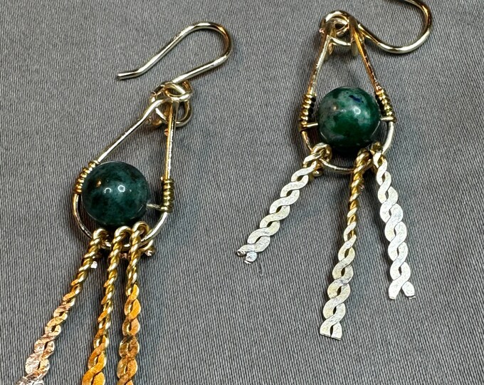 Gold wired oval-shaped hoop earrings-green wire wrapped bead-Fish hook. 1 1/2”