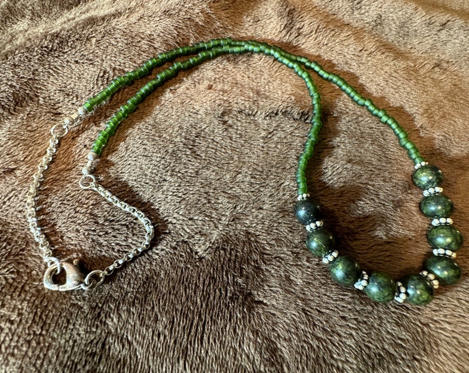 green jasper beaded necklace-sterling silver beaded necklace-Bohemian jewelry-Handmade jewelry-silver chain necklace