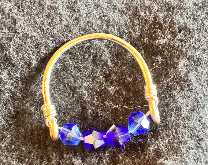 Gifts under 20 dollars-Blue crystal beaded ring-Minimalist Handmade silver wire ring- size 8”- line ring-bohemian wire ring.
