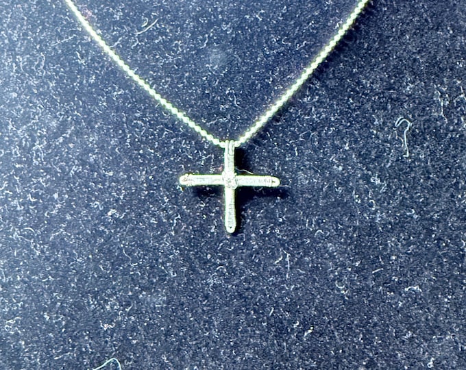 Gift for Bella-Cross pendant-silver chain necklace-rhinestone center-lobster claw closure-Handmade necklace-measures 16”.