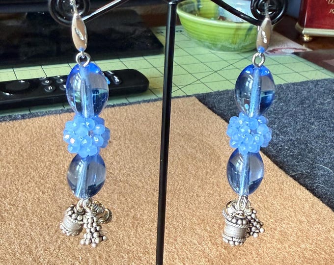 Silver and blue earrings-glass beaded earrings-Blue and Silver cha cha Earrings-Handmade Gift for Her-3”