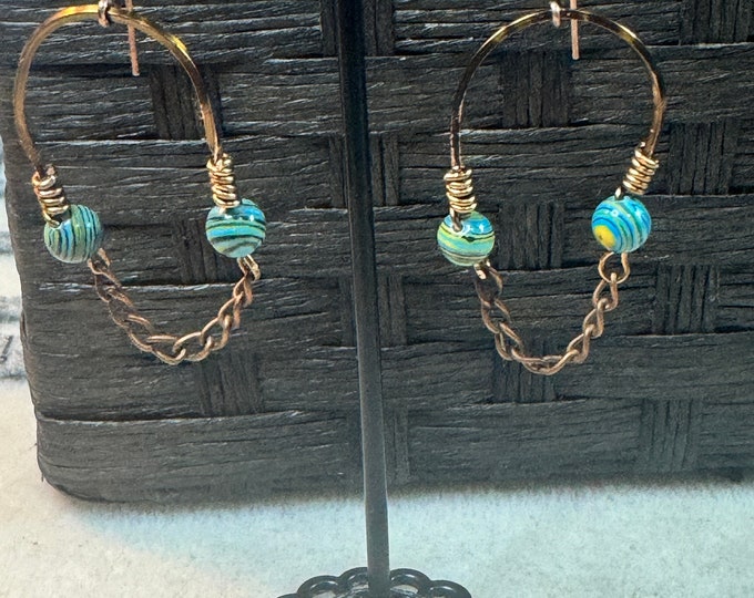 Bronze square wired semi circle earrings-bronze 20 gauge wire earrings-gifts-wire wrapped -Handmade earrings-bronze chain dangles