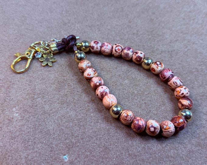 Lightweight wood and gold beaded lanyard-wooden lanyard-phone holder-Lobster claw closure-Phone tether-8”-charms are rhinestone and gold