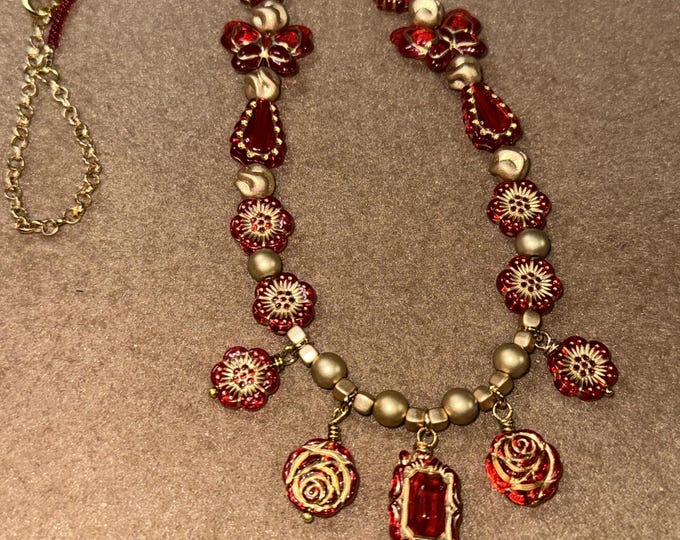 A 22” necklace-glass beads-red and gold antique beads-chain necklace-vintage beads-lobster claw closure