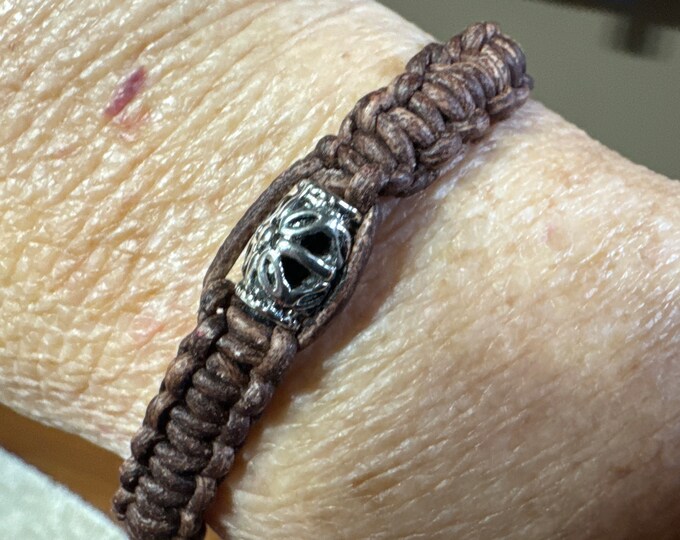 Adornment Leather bracelet-macrame bracelet-brown leather macrame bracelet-silver lobster claw-silver rings-leather and silver charm