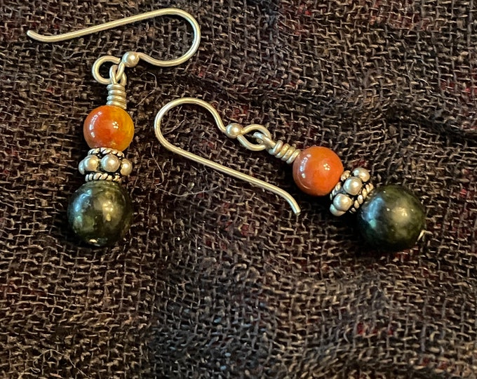Green and orange Jasper gemstone Homemade beaded earrings with Sterling Silver French ear wires.