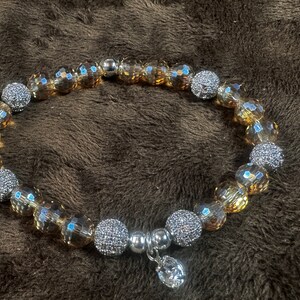Regalos de menos de 20 dólares-Pulsera elástica- pulsera de cristal de champán- pulsera de cuentas facetadas de pedrería plateada-pulsera de encanto de pedrería