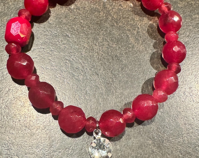 Bright red colored burgundy beaded bracelet-elastic stretch bracelet-red beaded elastic friendship bracelet-Size 7 1/2”-rhinestone beads