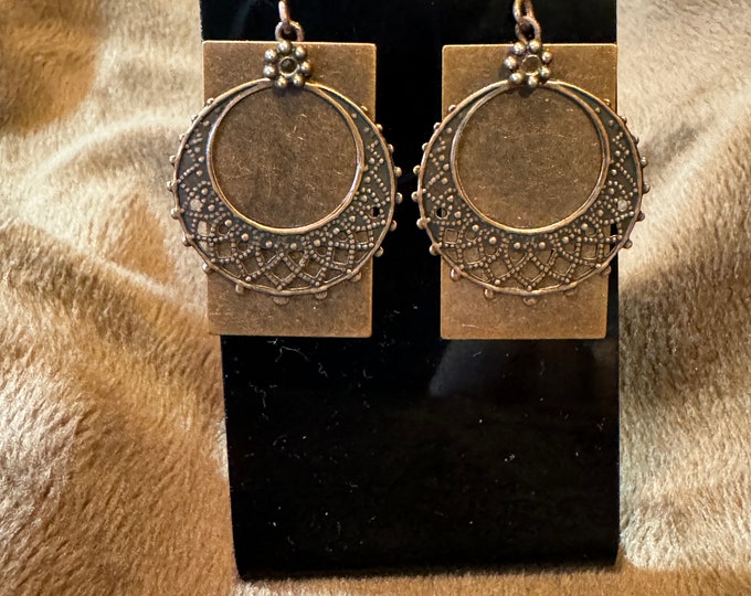 Handmade 1 5/8” red copper rectangular metal earrings with added round filigree copper disc on handmade French hook Ear wires.