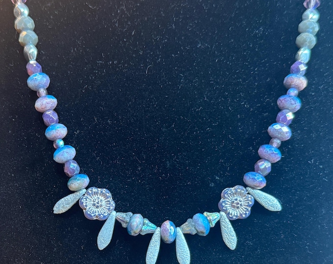 A 24” necklace-glass beads-purple and blue faceted beads-magnetic closure-extended chain