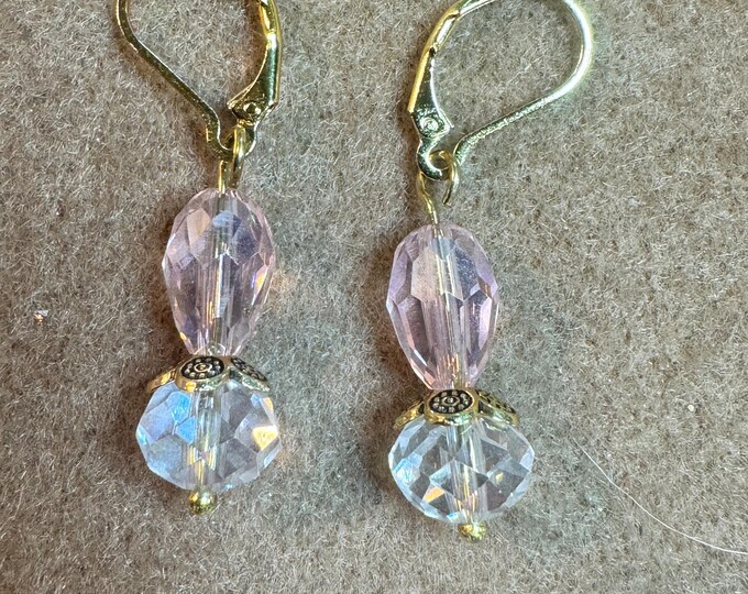 Crystal earrings, earrings, dangle earrings, gold lever back ear wires, pink and clear earrings, dangle 1 1/2”