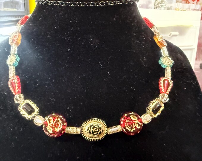 A 24” necklace-glass beads-red, black, clear and teal antique beads-chain necklace-vintage beads-lobster claw closure