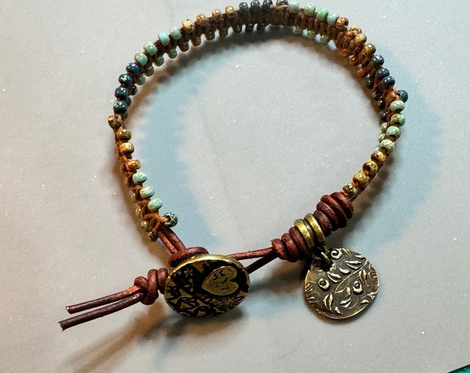Brown Leather Bohemian macrame bracelet with seed beads around black leather macrame and gold button closure. Size  8” Valentines day gift.