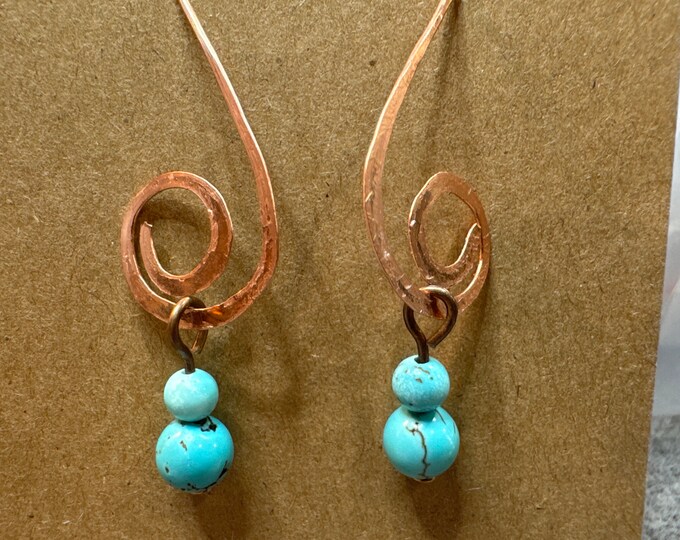 Swirl earrings v-shape wire earrings-gift for her-turquoise dangle earrings-copper earrings-gifts-no closure earrings