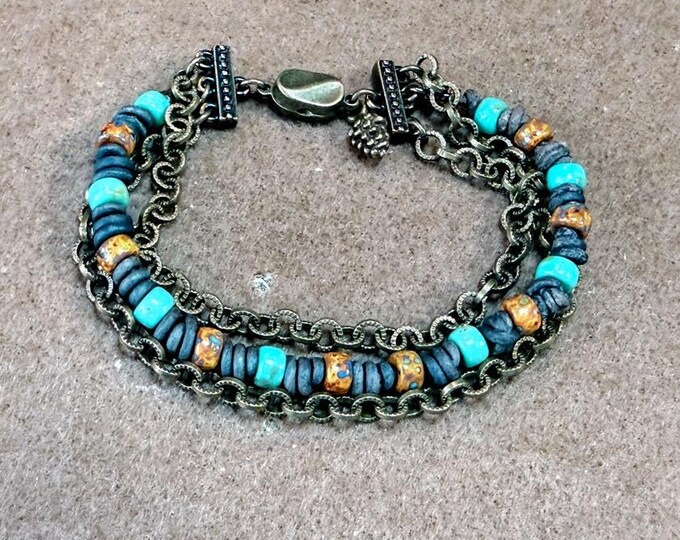 Brass link chain bracelet-leather barrel knot bracelet-teal and gold Picasso beads-magnetic closure bracelet-Handmade gift for her-gifts