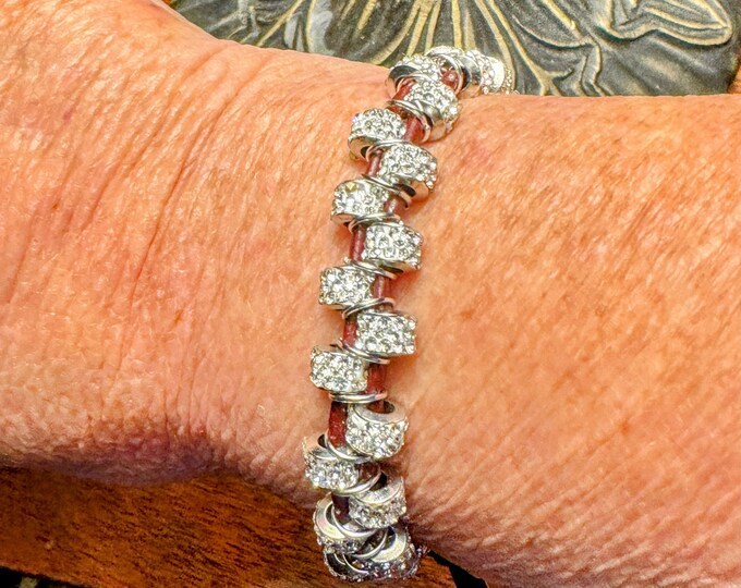 Bracelet shop Bracelet-Bling rhinestone bracelet-Carmel colored leather bracelet-button closure bracelet-size 8