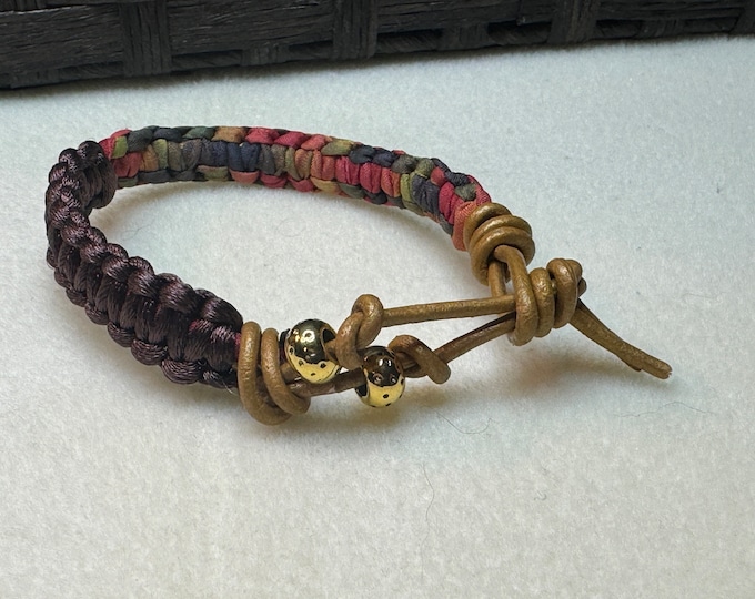 Leather bracelet-macrame bracelet-silk and es-lon macrame bracelet-knotted closure-gold charm-7 1/2”