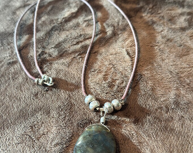 Brown Leather Necklace-Large Labradorite Pendant-Sterling Silver Beads-green stone necklace-S-hook closure-31”-leather lanyard- handmade