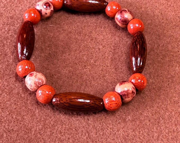 Brown and orange wooden beaded bracelet-chunky beaded Stretch Elastic bracelet-beaded bracelet -size 7