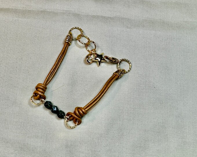 Adornment Leather bracelet-macrame bracelet-gold leather macrame bracelet-gold lobster claw-gold rings-leather and gold charm