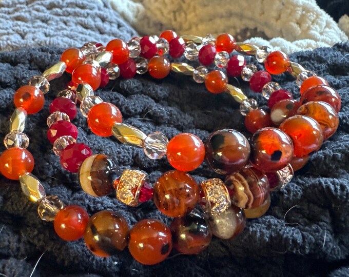 Gifts-Handmade Memory wire bracelet-bracelet gifts-autumn colors-orange, red, brown, gold rhinestone spacer beads-charms on each end. 8”’