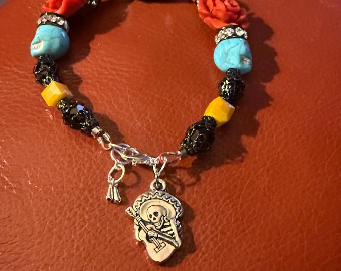 Halloween bracelet with black , orange faceted, red rose beads-size 8-silver lobster hook closure with day of the dead skeleton charm