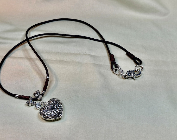 Brown leather necklace-Silver heart pendant necklace -statement necklace-leather necklace-fancy lobster claw clasp-lanyard necklace