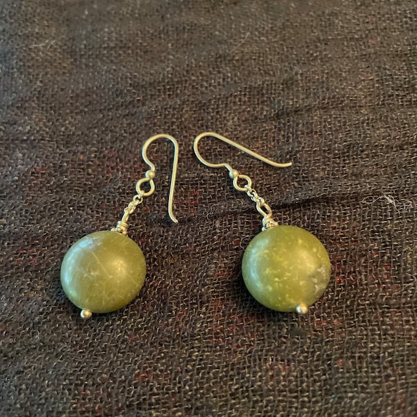 Handwrought Jade beaded earrings with sterling chain and French sterling silver ear wires.