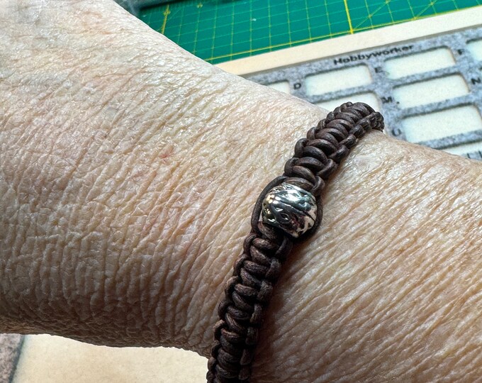 Macrame bracelet-Black Leather bracelet-brown leather macrame bracelet-silver lobster claw-silver rings-leather and silver charm