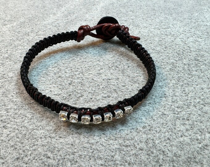 Bohemian 8" leather macrame bracelet! It's crafted from high-quality black leather and features beautiful rhinestones.  Handmade.