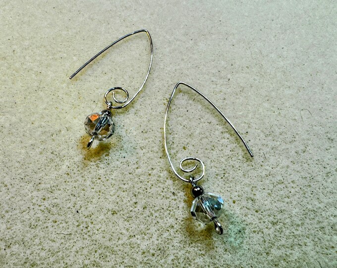 Bohemian V-shaped earrings-silver swirl wire earrings-AB crystal bead earrings-gifts-dangle earrings-Handmade earrings