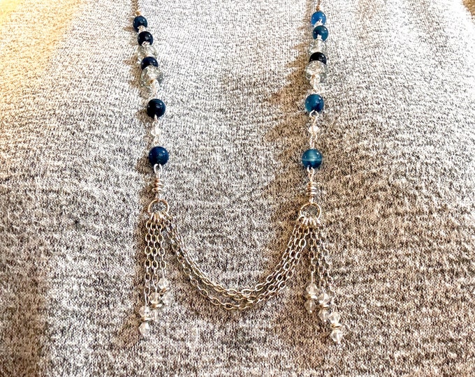 Swag necklace-layered necklace-London blue agate beaded necklace-clear crackle beaded necklace-AB crystal bicone-toggle closure-Handmade