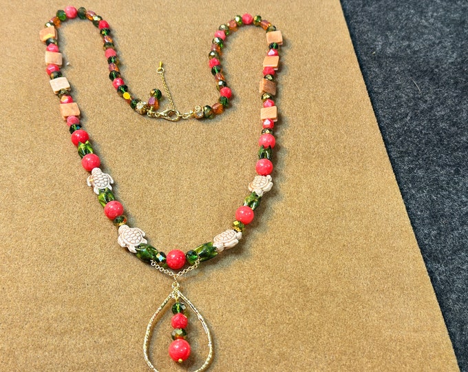 Boho Beaded necklace -turtle beaded necklace - creme, green and red-pink beaded necklace-pendant necklace