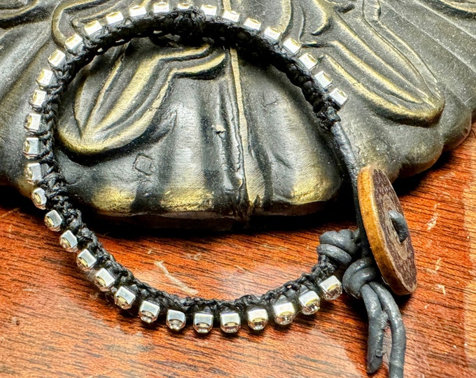 Gray leather bracelet-Bohemian leather bracelet-macrame bracelet-bling bracelet-rhinestone cup chain bracelet-wooden button closure