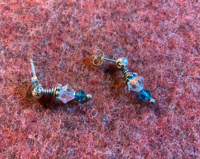 Sterling silver post earrings-crystal beaded earrings-Blue-green Sterling Silver Earring Stud Handmade Gift for Her