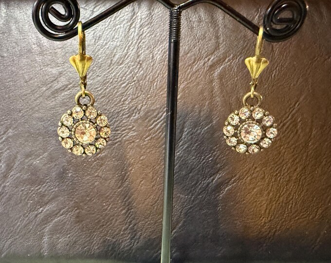 Brass circled rhinestone earrings with 1” dangle