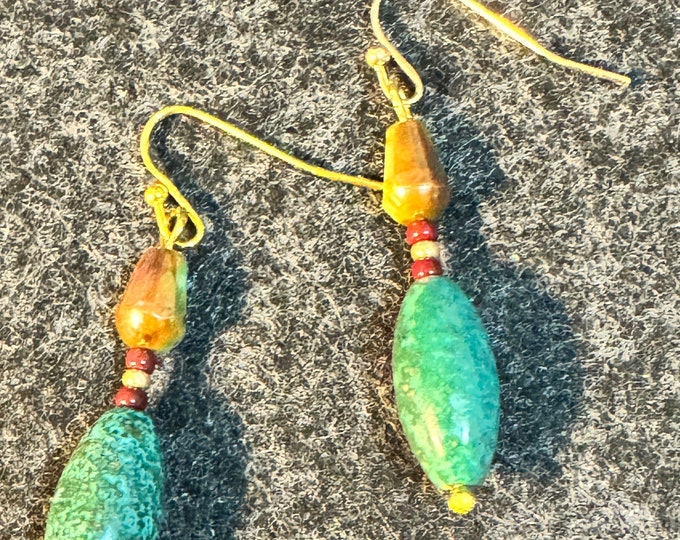 Turquoise and glass beaded earrings-two beaded earrings-gold and red seed beads in between beads- 1 1/2”