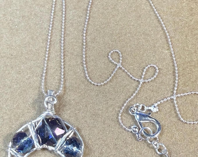 Silver pendant necklace-wire wrapped colorful beads-half moon pendant-silver chain with big hook closure-appropriately 26”
